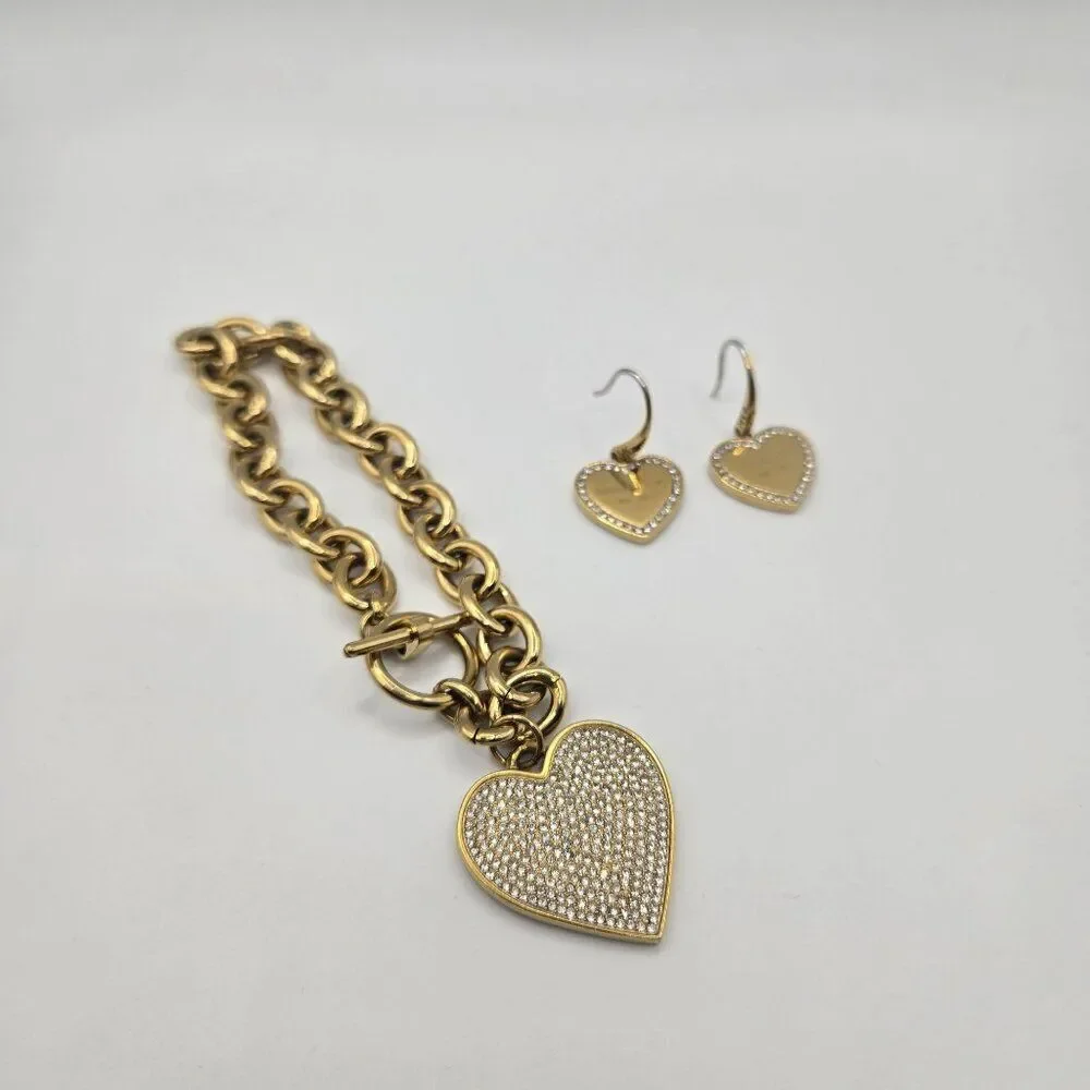 Michael Kors Gold-Tone Heart Charm Bracelet Earrings Rhinestone Accents